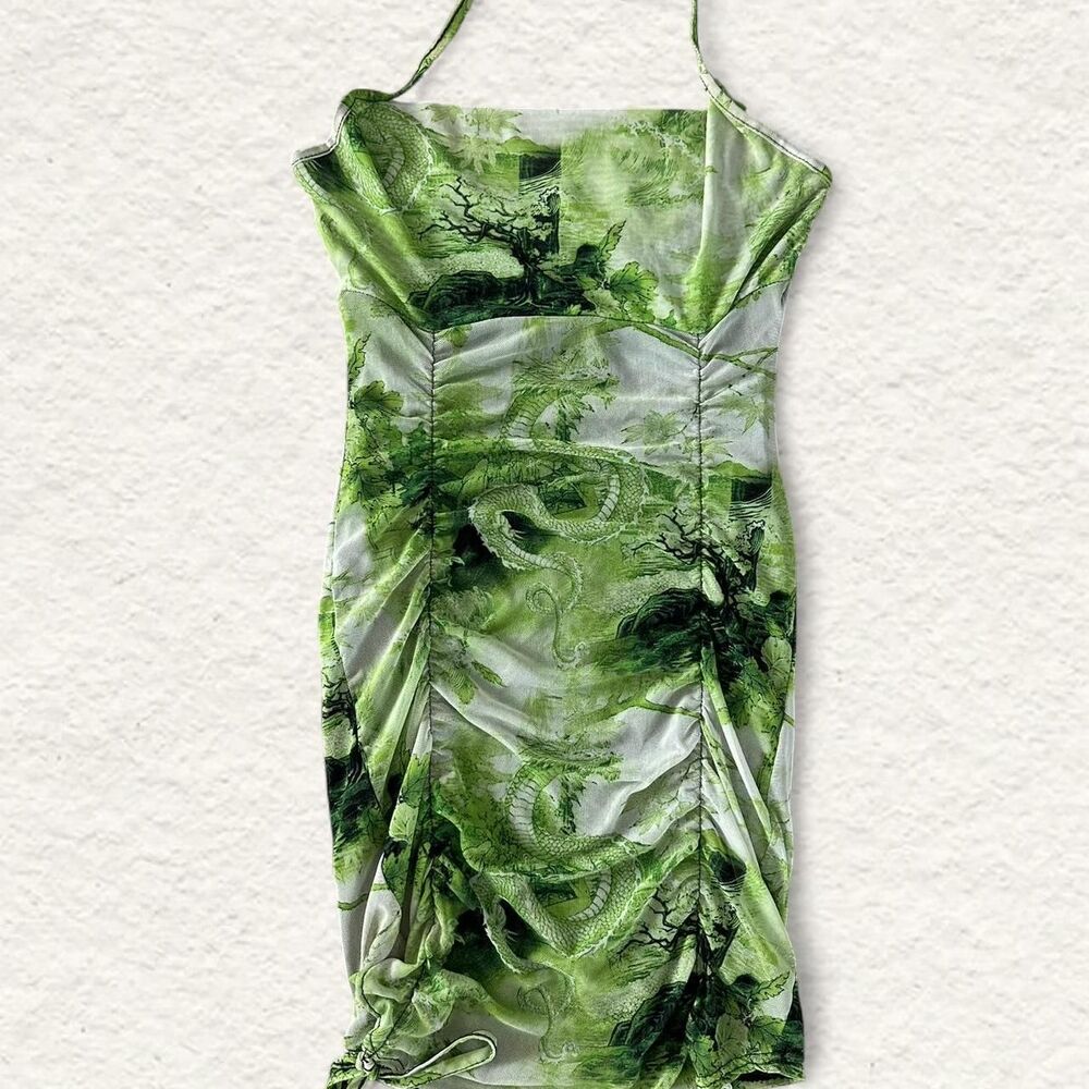 PrettyLittleThing Green White Ruched Mesh Halterneck Dress Size 2